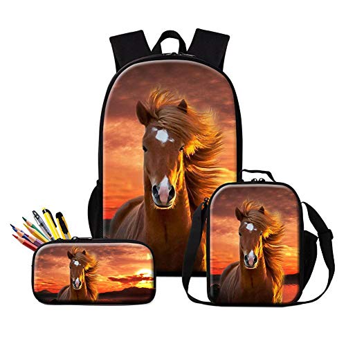 Dispalang Horse Backpack and Insulated Lunch Box Bag School Cooler Bag Animal Bookbag Pencil Case