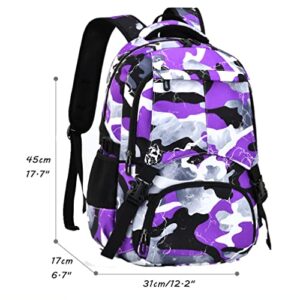 Ladyzone Camo School Backpack Lightweight Schoolbag Travel Camp Outdoor Daypack (BL Camo Purple)