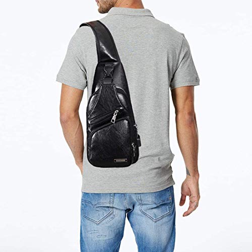 QICHUANG Men Sling Bag Leather Unbalance Chest Shoulder Bags Casual Crossbody Bag Gift for Men (black)