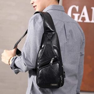 QICHUANG Men Sling Bag Leather Unbalance Chest Shoulder Bags Casual Crossbody Bag Gift for Men (black)