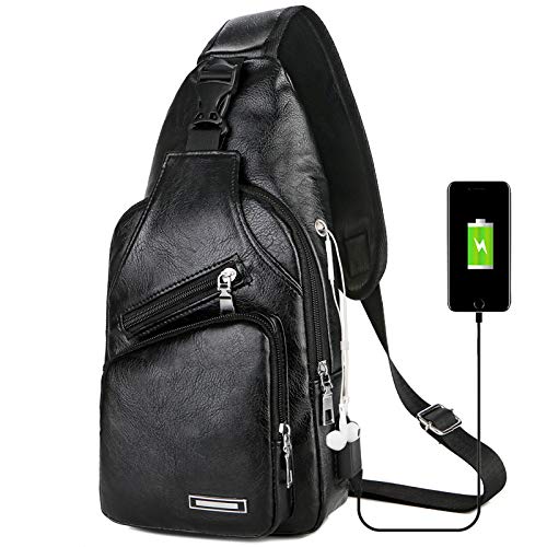 QICHUANG Men Sling Bag Leather Unbalance Chest Shoulder Bags Casual Crossbody Bag Gift for Men (black)