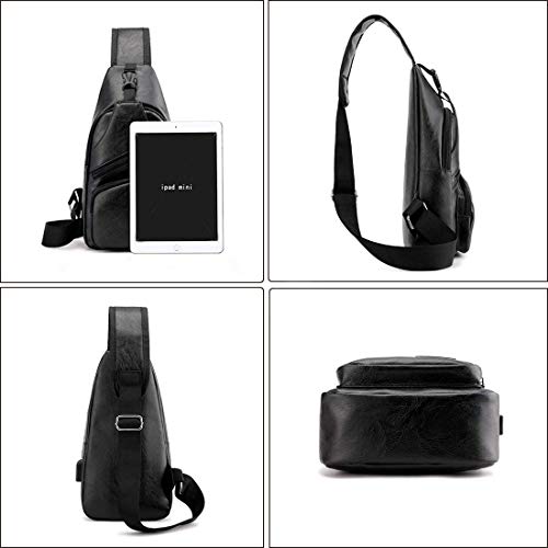 QICHUANG Men Sling Bag Leather Unbalance Chest Shoulder Bags Casual Crossbody Bag Gift for Men (black)