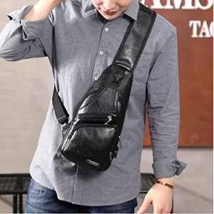 QICHUANG Men Sling Bag Leather Unbalance Chest Shoulder Bags Casual Crossbody Bag Gift for Men (black)