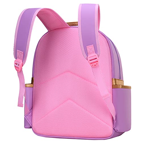 Gazigo Children Princess Waterproof PU Backpack for Elementary School Girls (Large:16.1 x 11.8 x 5.9 inch, Purple Backpack + Handbag)