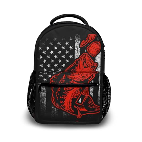 Nerxy Bass Fishing Lure And American Flag Casual Backpack Bag, Fashion Lightweight Backpacks for Holiday Gifts One Size