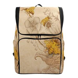 naanle stylish honey bees and wildflowers retro style casual daypack college students multipurpose backpack large travel hiking bags computer bag for men women