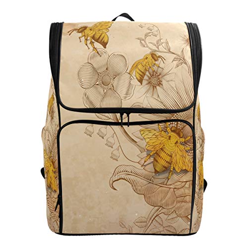 Naanle Stylish Honey Bees and Wildflowers Retro Style Casual Daypack College Students Multipurpose Backpack Large Travel Hiking Bags Computer Bag for Men Women