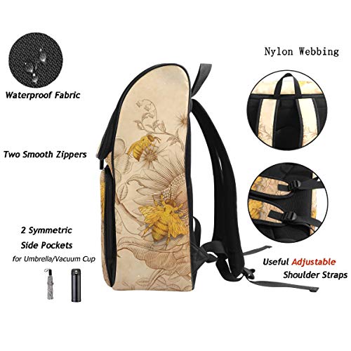 Naanle Stylish Honey Bees and Wildflowers Retro Style Casual Daypack College Students Multipurpose Backpack Large Travel Hiking Bags Computer Bag for Men Women