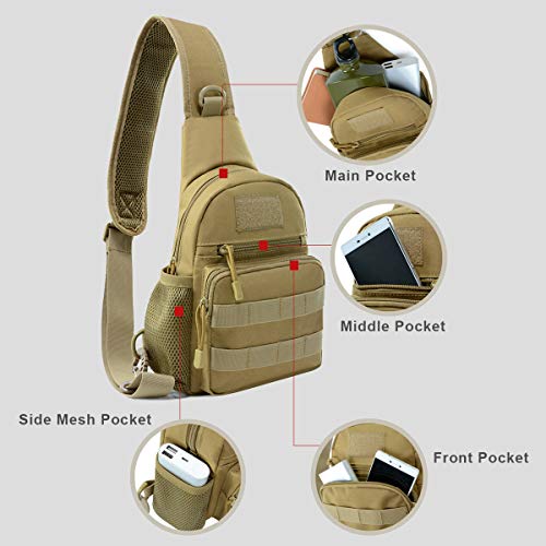 BraveHawk OUTDOORS Sling Chest Bag, 900D Nylon Tactical MOLLE Compact Crossbody Hiking Cycling Pack (Khaki)