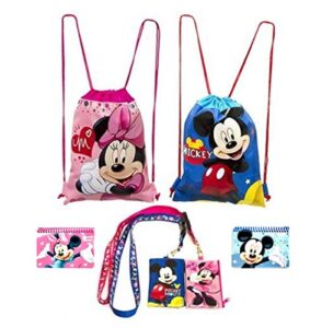 disney mickey and minnie mouse drawstring backpacks plus lanyards with detachable coin purse and autograph books (set of 6) (pink blue)