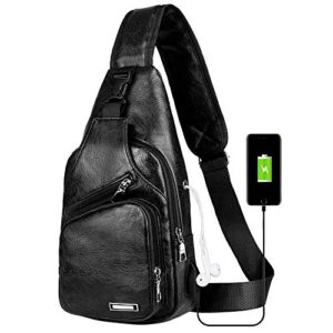 peicees leather sling bag mens crossbody bag chest bag sling backpack for men with usb charge port