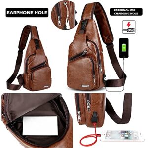 Peicees Leather Sling Bag Mens Crossbody Bag Chest Bag Sling Backpack for Men with USB Charge Port