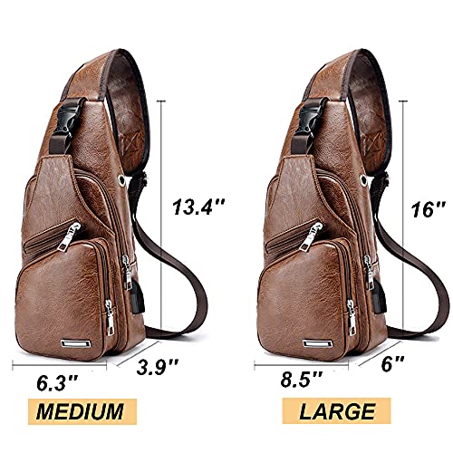 Peicees Leather Sling Bag Mens Crossbody Bag Chest Bag Sling Backpack for Men with USB Charge Port