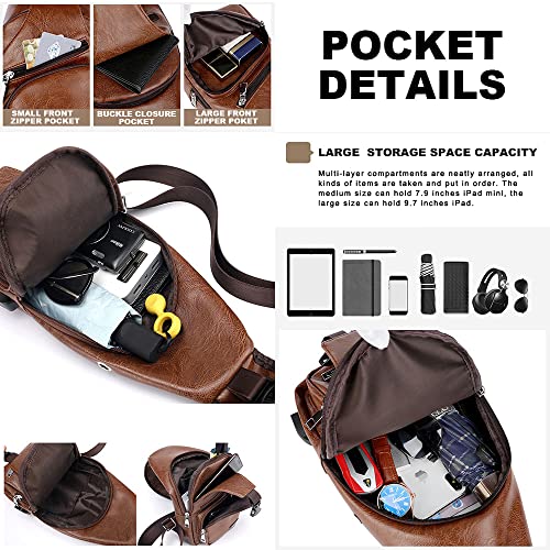 Peicees Leather Sling Bag Mens Crossbody Bag Chest Bag Sling Backpack for Men with USB Charge Port