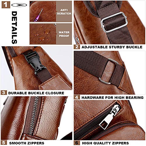 Peicees Leather Sling Bag Mens Crossbody Bag Chest Bag Sling Backpack for Men with USB Charge Port