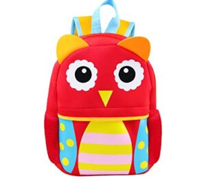 fenrici owl backpack for girls, boys, toddlers, toy bags, cute travel backpack for little kids, mesh side pockets, non-toxic neoprene, red, owl, 12"