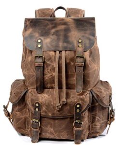 wudon leather backpack for men, waxed canvas shoulder rucksack carry-on travel backpack