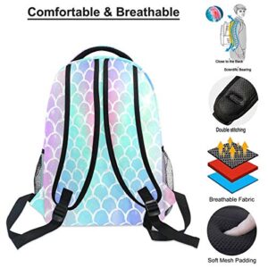 Wamika Colorful Mermaid Scale Backpacks for Girls Women, Rainbow Marble Galaxy Computer Laptop Backpack, Fish Scales Kid’s School Book Bag, Casual Travel Camping Daypack