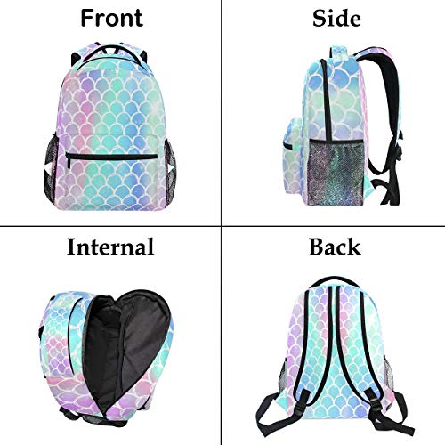 Wamika Colorful Mermaid Scale Backpacks for Girls Women, Rainbow Marble Galaxy Computer Laptop Backpack, Fish Scales Kid’s School Book Bag, Casual Travel Camping Daypack