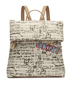dkny multipurpose fashion backpack, white iconic graffiti tilly