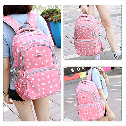 goldwheat Backpack for Girls Middle School Bag Lightweight Kids Bookbag with Cute Pawprint Water Resistant