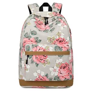 forestfish laptop backpacks with usb charging port, large capacity lightweight floral printed college bookbag casual daypack (flower-light grey)