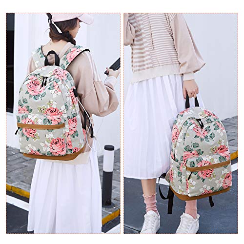 forestfish Laptop Backpacks With USB Charging Port, Large Capacity Lightweight Floral Printed College Bookbag Casual Daypack (Flower-Light Grey)