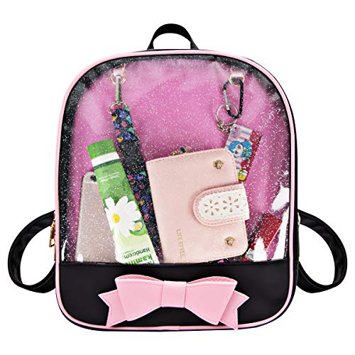 PG6 FF1 Candy Leather Bow Backpack Clear Beach Girls Bag Ita Bag, Black-pink, One Size