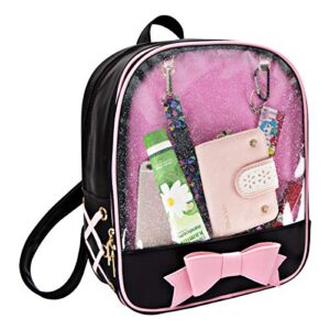 PG6 FF1 Candy Leather Bow Backpack Clear Beach Girls Bag Ita Bag, Black-pink, One Size