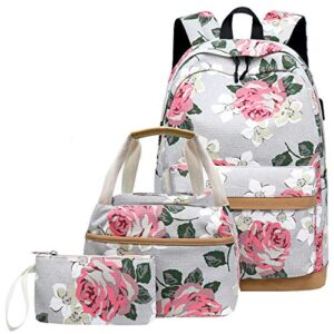 qomalaya canvas school backpack teens backpack school bag backpack for school book bag set (floral-grey)