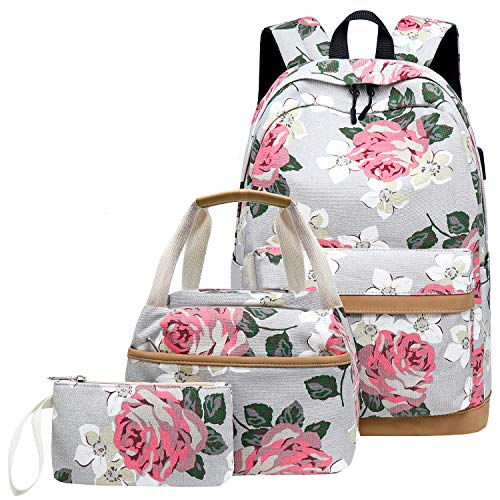 Qomalaya Canvas School Backpack Teens Backpack School Bag Backpack for School Book Bag set (Floral-grey)