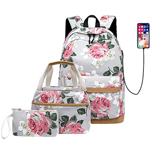 Qomalaya Canvas School Backpack Teens Backpack School Bag Backpack for School Book Bag set (Floral-grey)