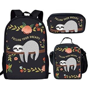 coloranimal 3 piece set school backpacks for children funny floral sloth bookbag+insulated food box+zip closure pencil case