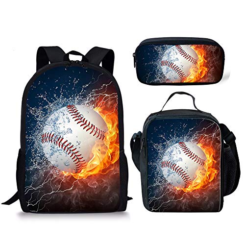 FANCOSAN 3 Piece Set Water Baseball Backpack + Lunch Box + Pencil Bags for Boys Girls