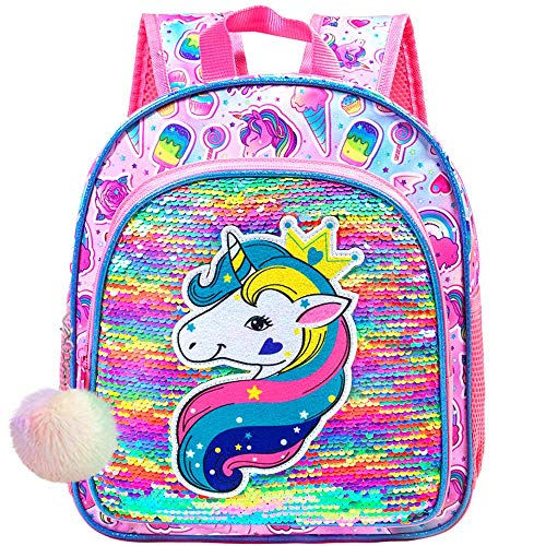 Unicorn Backpack for Girls, 12" Toddler Sequin Kids Bookbag, Cute Animal Preschool Kindergarten Schoolbag