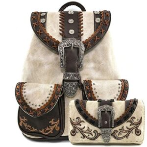 zelris western country floral buckle rucksack backpack with matching wallet set (beige)