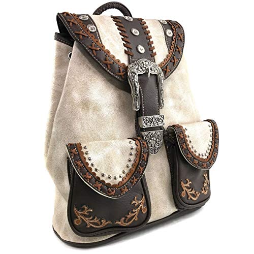 Zelris Western Country Floral Buckle Rucksack Backpack with Matching Wallet Set (Beige)