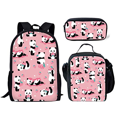 FANCOSAN 3D Strawberry Panda Printing Backpack Set for Teen Girls School Shoulder Bag and Insulted Lunch Box Pen Case,Pink