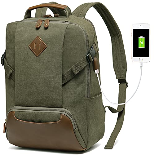 Kasqo Laptop Backpack 15.6 Inch Canvas Waterproof Anti Theft Business Travel College Computer Bag Carry on Bag with USB Charging Port for Women Men, Army Green