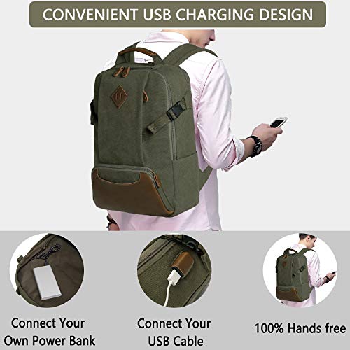 Kasqo Laptop Backpack 15.6 Inch Canvas Waterproof Anti Theft Business Travel College Computer Bag Carry on Bag with USB Charging Port for Women Men, Army Green