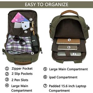Kasqo Laptop Backpack 15.6 Inch Canvas Waterproof Anti Theft Business Travel College Computer Bag Carry on Bag with USB Charging Port for Women Men, Army Green