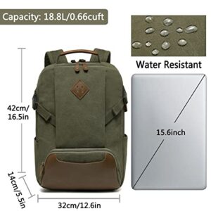 Kasqo Laptop Backpack 15.6 Inch Canvas Waterproof Anti Theft Business Travel College Computer Bag Carry on Bag with USB Charging Port for Women Men, Army Green