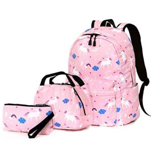 junlion dream unicorn school bag kids 3-in-1 bookbag set, laptop backpack lunch bag pencil case gift for teen girls womens (pink)