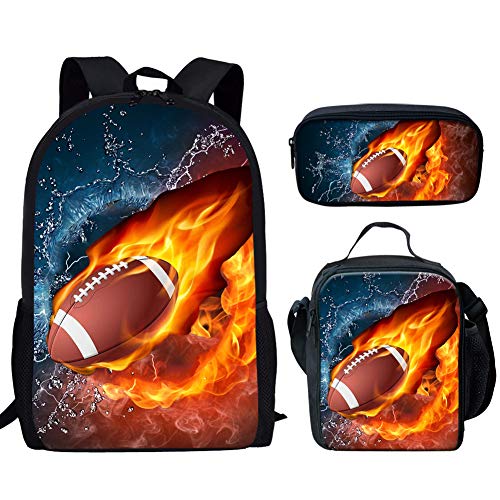 UNICEU Kids Boy Fire and Water American Football Rugby Print Preschool Bag Set Backpack Lunchbag with Pencil Case 3 in 1