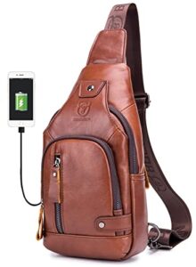 bullcaptain leather men sling bags travel crossbody chest bag hiking daypack with usb charging port multi-pocket