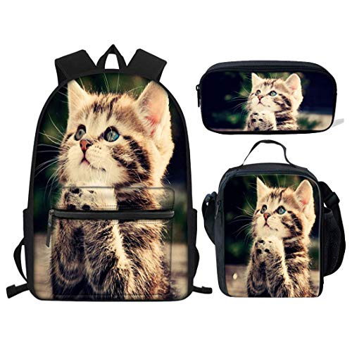 HUGS IDEA Pray Cat Print Backpack Set for Teen Girls Boys Cute Cute Kids School Bag with Lunchbox Pencil Case