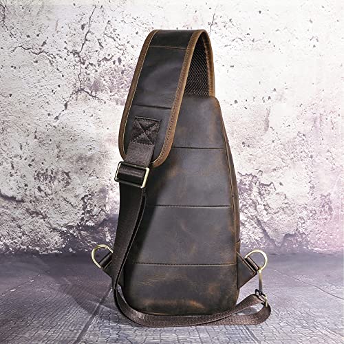 Le'aokuu Men Fashion Casual Tea Designer Travel Hiking Crossbody Chest Sling Bag Rig One Shoulder Strap Bag Men Leather Backpack 8015 (Brown)