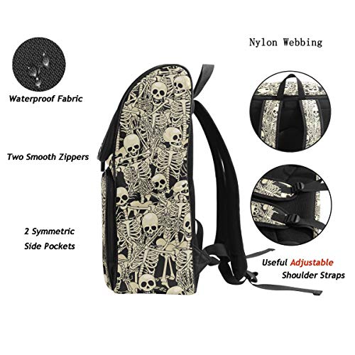 Naanle Cool Skull Skeleton Pattern Casual Daypack College Students Multipurpose Backpack Large Travel Hiking Bags Computer Bag