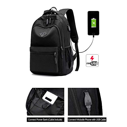 Large Black Waterproof Oxford Rucksack Business College Travel Laptop Backpacks with USB Charging Port Casual Daypack