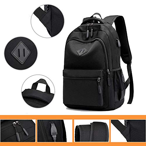 Large Black Waterproof Oxford Rucksack Business College Travel Laptop Backpacks with USB Charging Port Casual Daypack